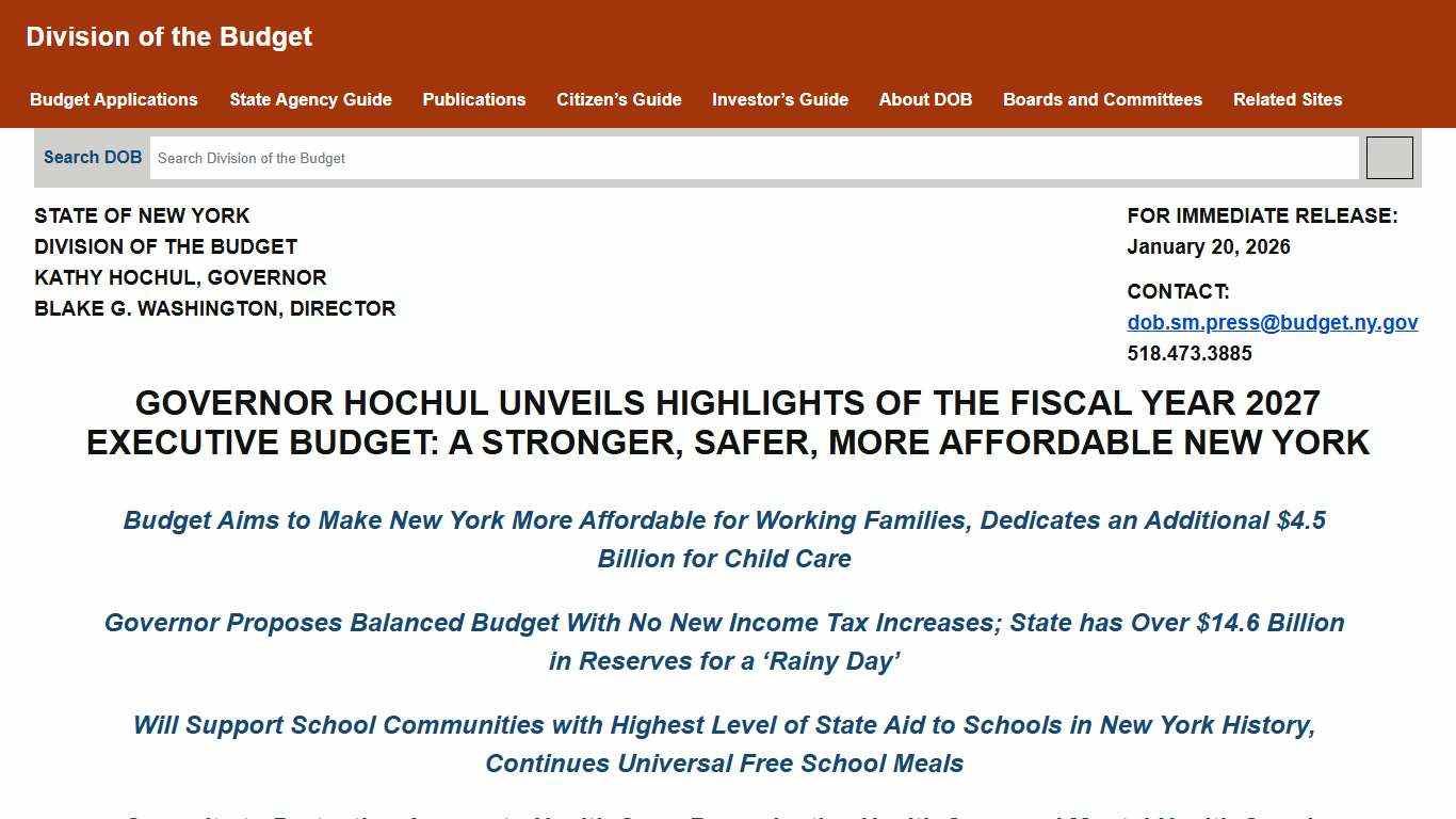 Governor Hochul Unveils Highlights of FY 2027 Executive Budget